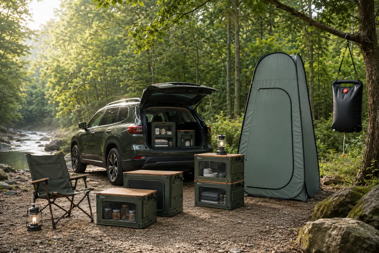 Custom camping kit with vehicle, storage boxes, privacy tent and solar shower