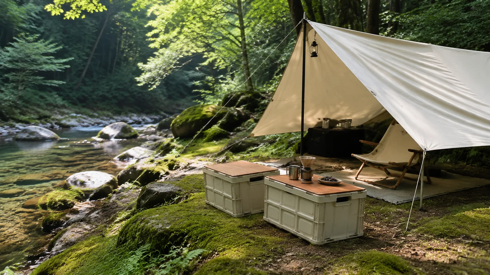 Green camping setup beside a clear forest stream with collapsible storage boxes